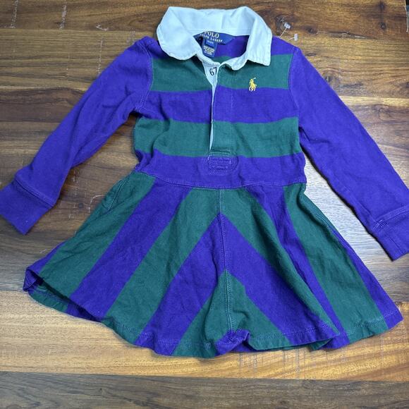 Polo Ralph Lauren Dress Striped Collar Long Sleeve Girls 2t Green Purple - Picture 1 of 3